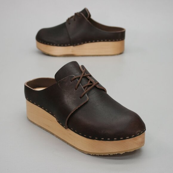 BRYR Ladies 7 (37) Charlie Brown Leather Lace Wooden Platform Shoes Mules Clogs - Picture 1 of 12